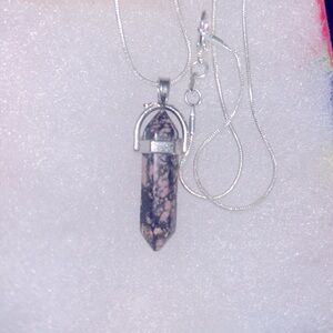Boho natural pink and black Rhodonite Silver 30” Neckl…